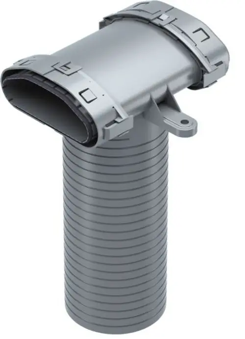Luftverteilsystem von Stiebel Eltron mit ovaler Öffnung oben und gerippter Struktur unten. Es besitzt Befestigungselemente an der Oberseite.